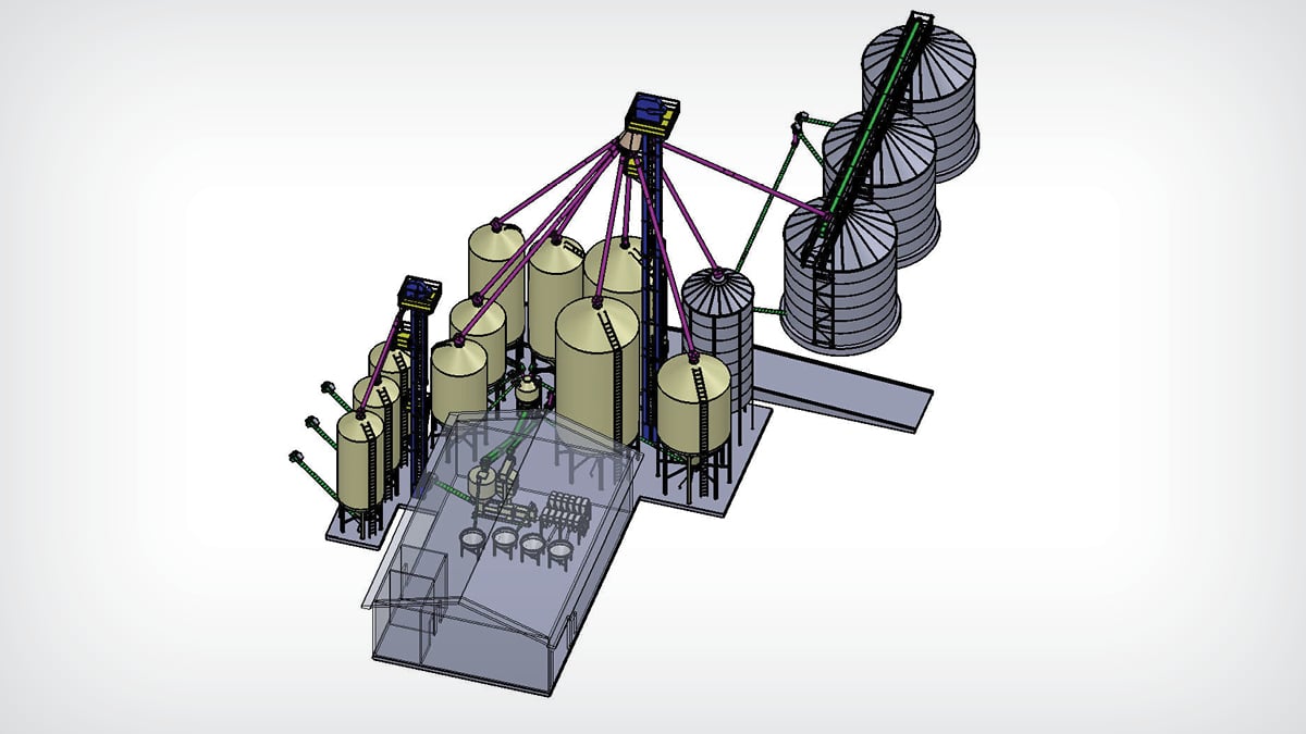 3D layout of a feed production facility with interconnected silos and conveyor systems. The design highlights the efficient material flow and storage solutions. Ideal for large-scale feed manufacturing operations.